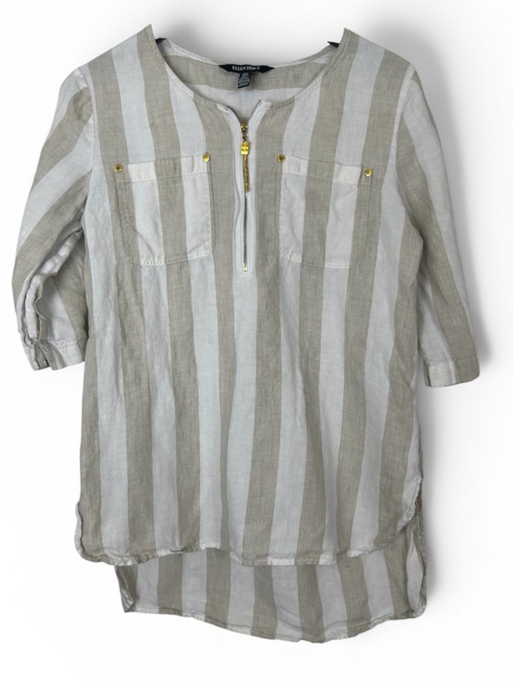 Ellen Tracy Beige & White Vertical Stripe linen Tunic with 1/2 Zip